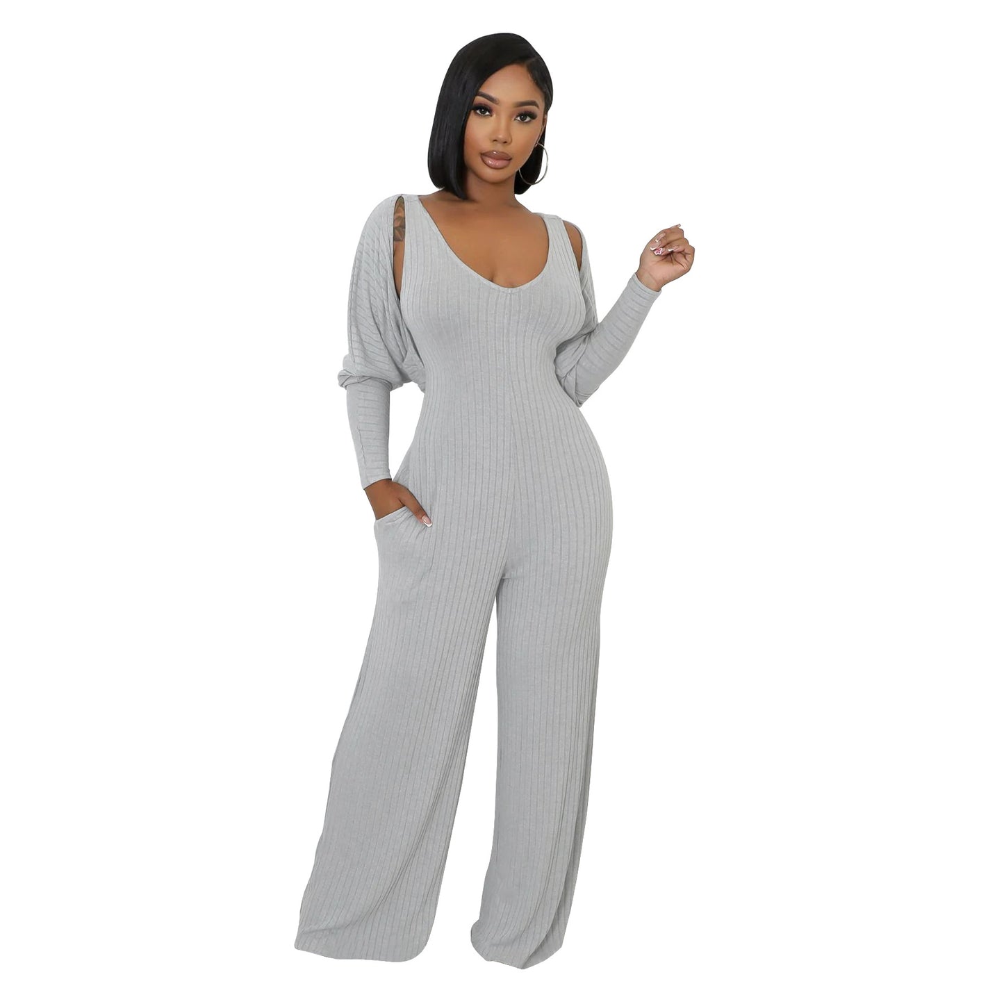 Modern eprolo cape-sleeve tailored jumpsuit, stylish top with elegant cape sleeves, perfect for contemporary fashion.