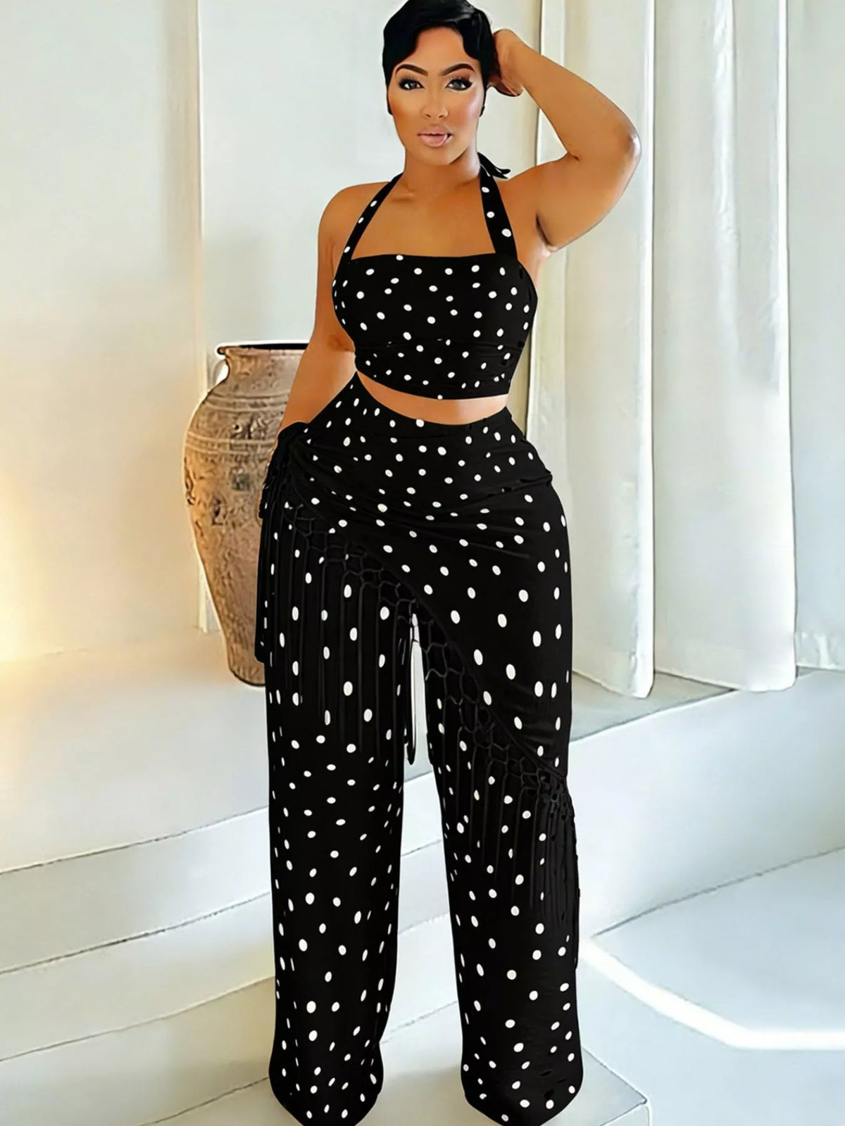 Polka dot halter neck cami with fringe trim pants set from Plush Fashion Hub, featuring rings on the fabric and stylish design.