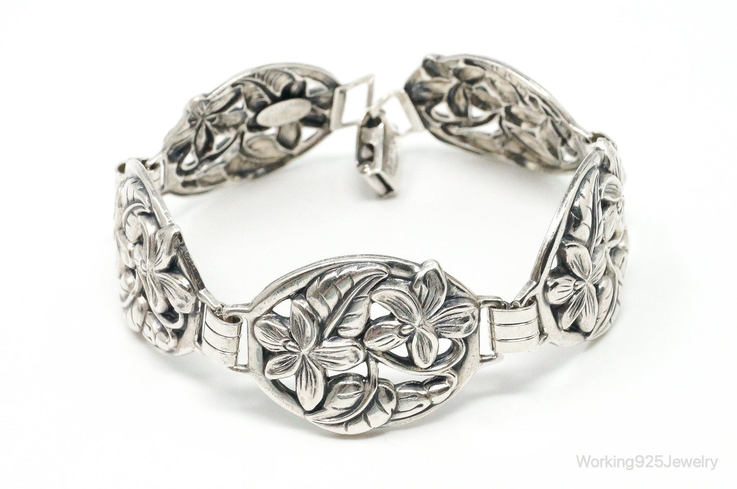 Vintage Designer Danecraft Floral Panels Sterling Silver Bracelet Working 925 Jewelry