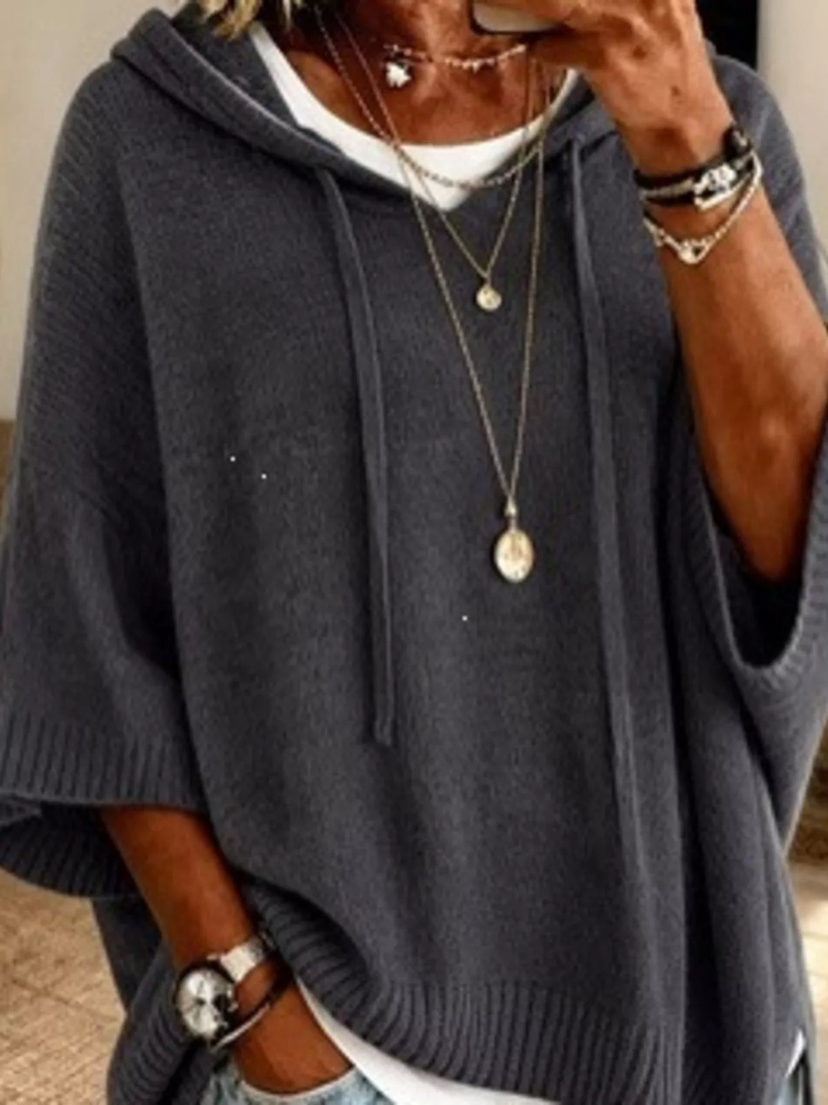 Plus size full-zip hoodie sweater with drawstring and 3/4 length sleeves, casual and comfortable for everyday wear.