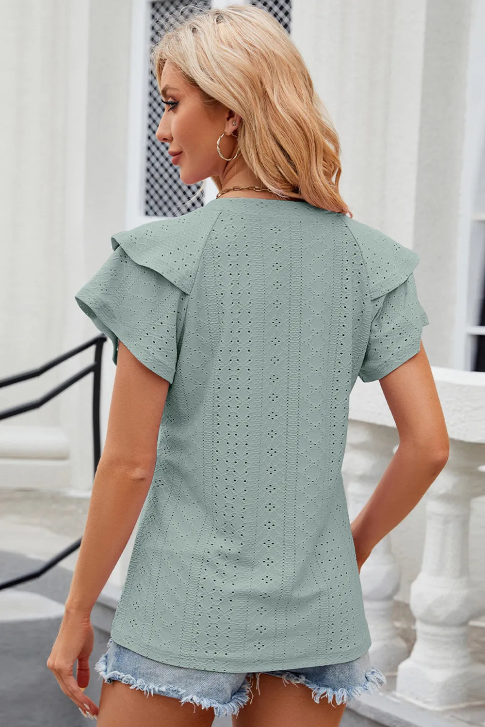 Plush Fashion Hub eyelet notched flutter sleeve T-shirt, stylish tops with flutter sleeves and eyelet details, casual and trendy.