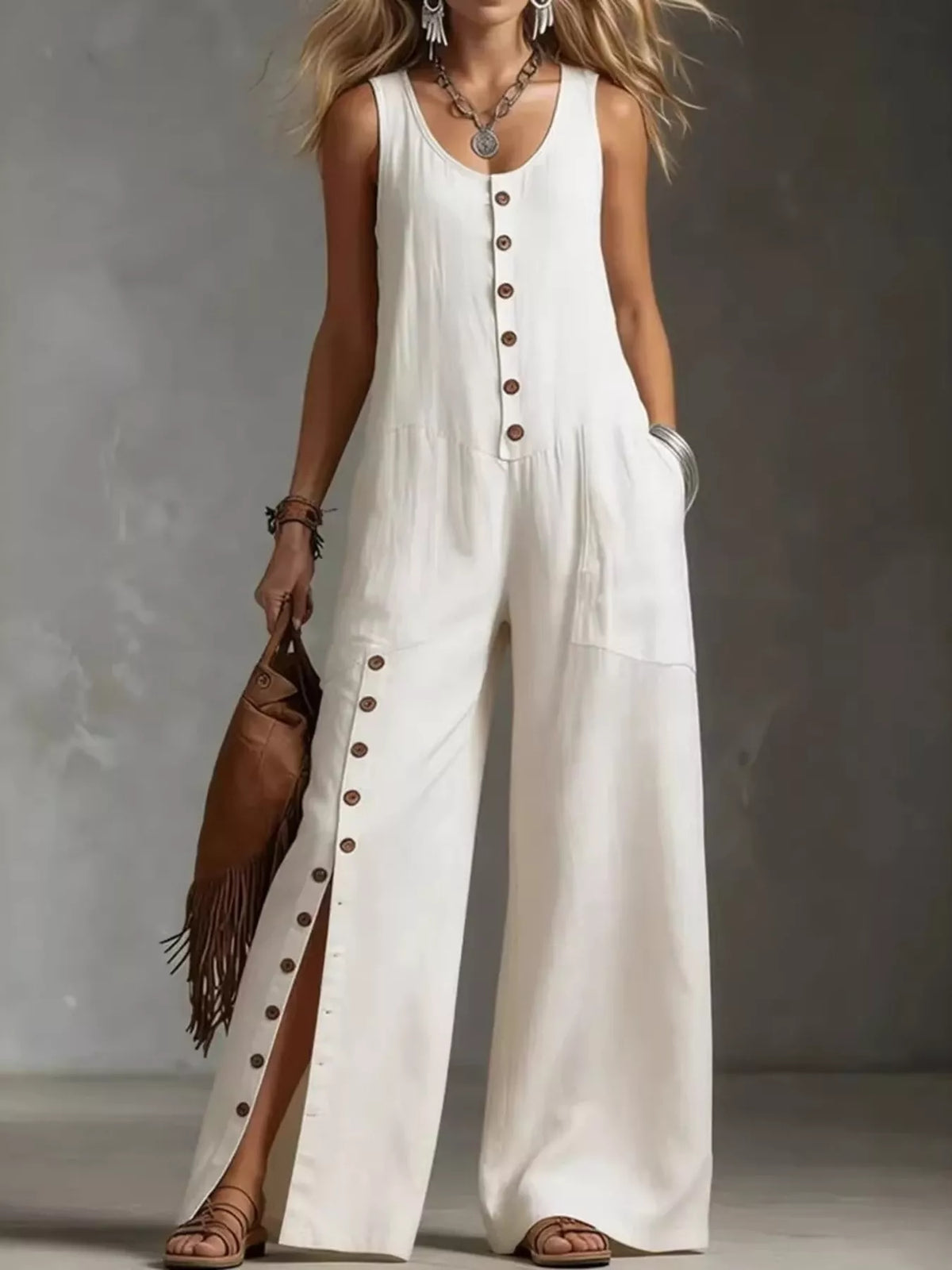 Plus size sleeveless button-front wide-leg jumpsuit from Plush Fashion Hub, shown in full view highlighting its stylish design.