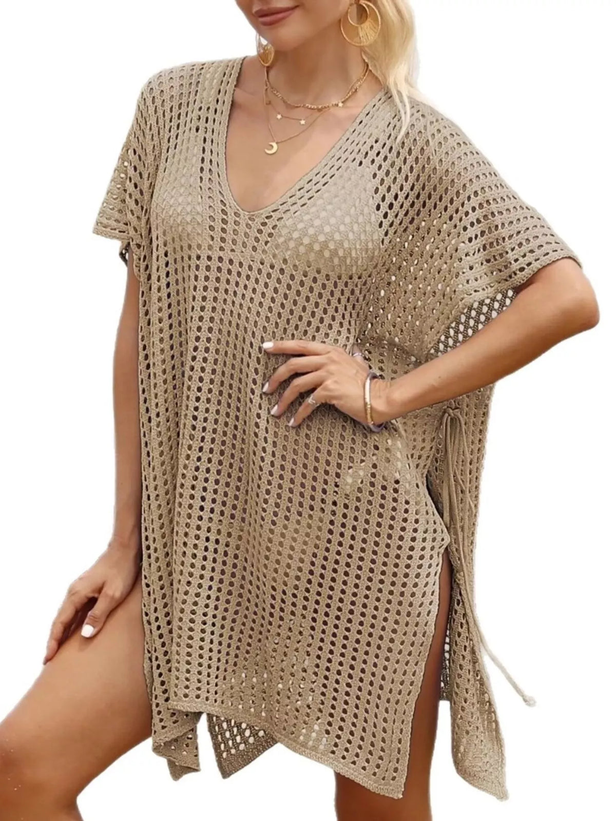 Openwork V-Neck Slit Cover-Up by Plush Fashion Hub, lightweight beachwear with openwork design and V-neck style.
