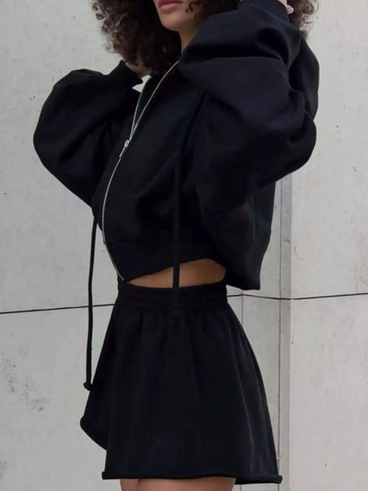 Plush Fashion Hub zip-up long sleeve outerwear and matching shorts set, featuring a stylish, casual look with comfortable fabric.