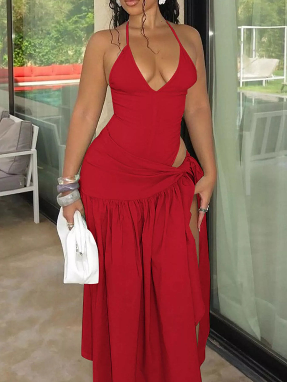 Halter neck ruched bodysuit and maxi skirt set by Plush Fashion Hub, featuring a fitted bodysuit and flowing skirt in a stylish two-piece ensemble.