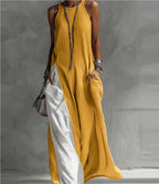 Off-shoulder color-block flared maxi dress with pockets by FitiqueFit in multiple colors, shown with flowing fabric and vibrant design.