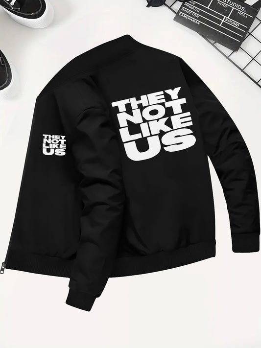 Men's Skinny Fit Polyester Casual Jacket - Slight Stretch, Zipper Closure, "They Not Like Us" Print - Winter Outerwear