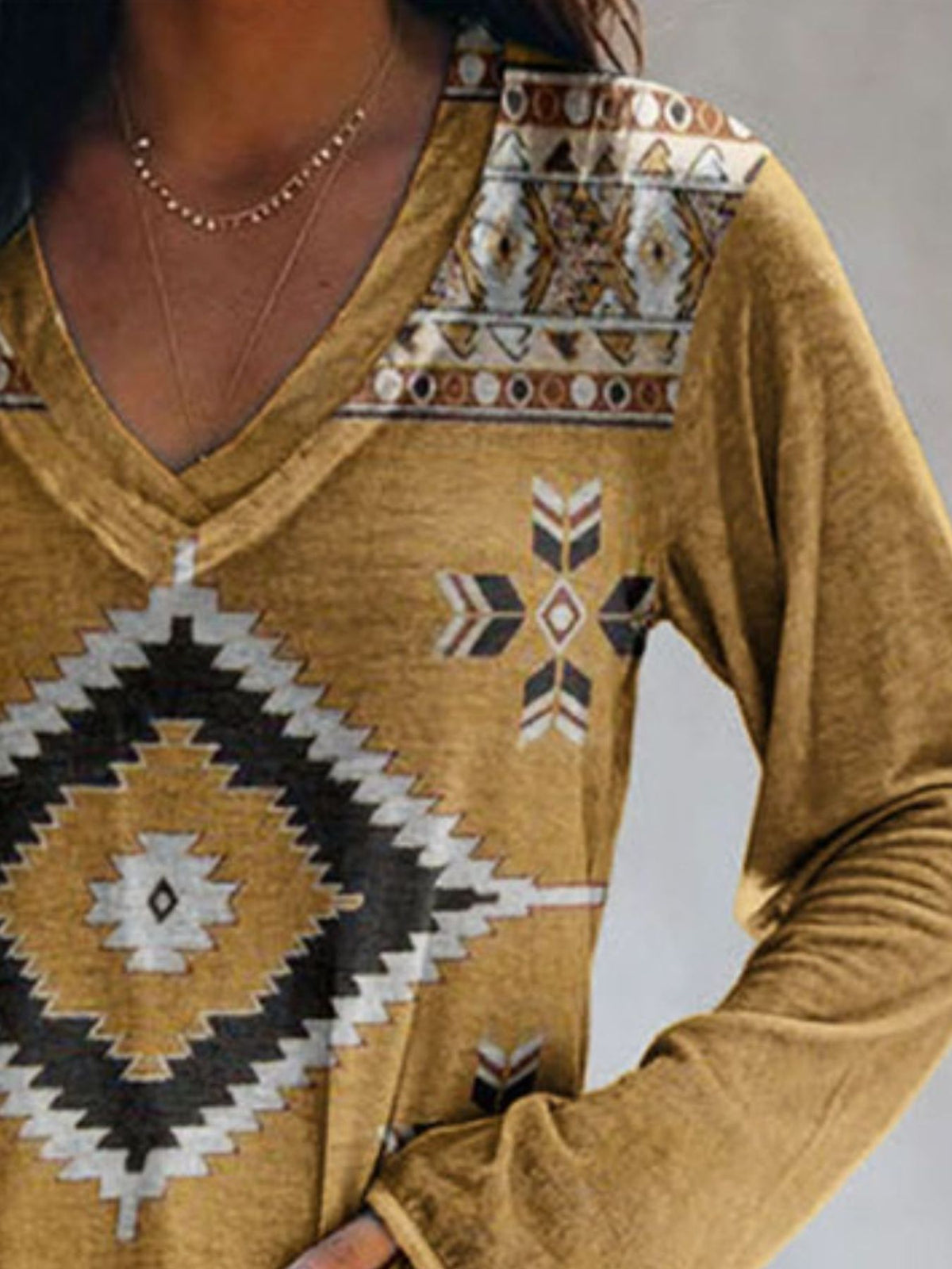 Plus size V-neck long sleeve T-shirt with geometric print in casual style, by Plush Fashion Hub