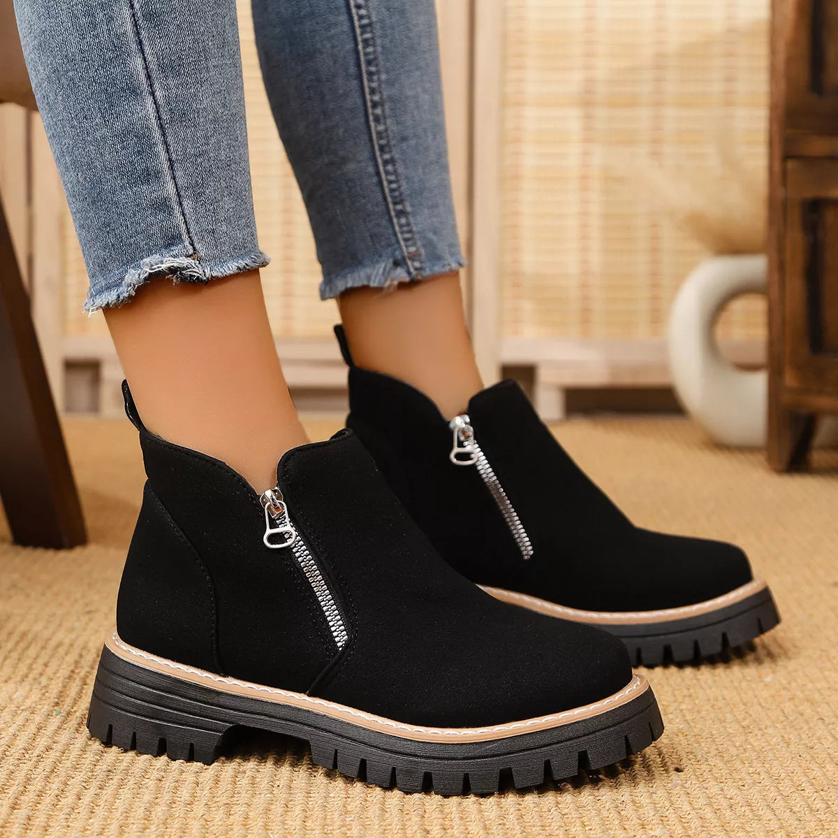 Trendsi ankle boots with zipper accent, stylish footwear featuring a sleek design and ankle-high silhouette.