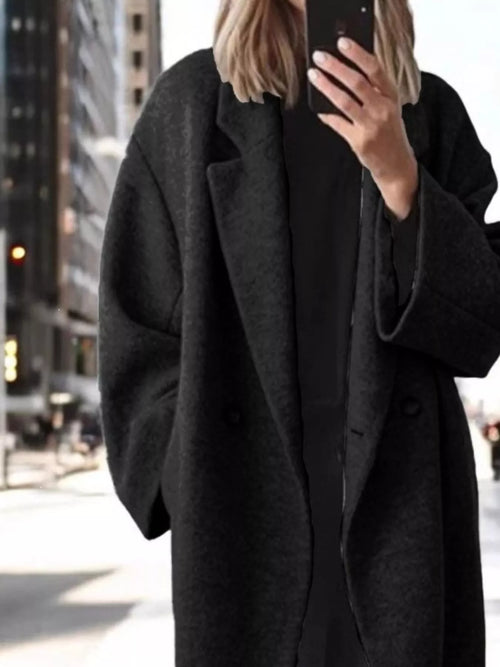 Plus size wool blend longline coat with lapel collar from Trendsi, casual wear, featuring a full size lapel collar and cozy fabric.
