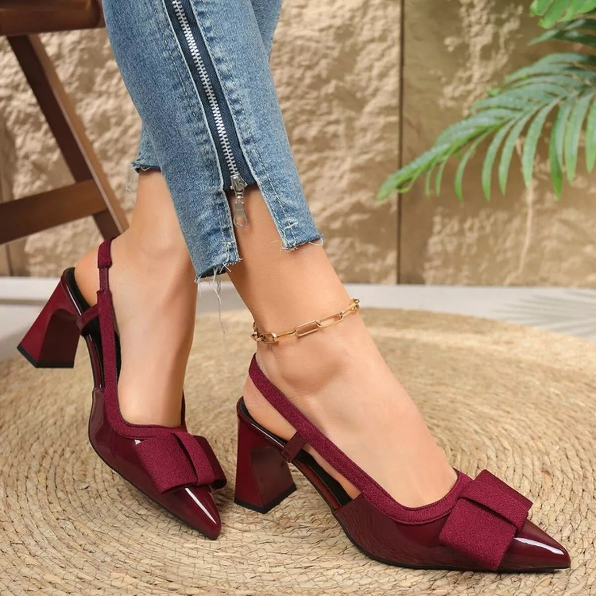 Point toe block heels slingback sandals by Trendsi, stylish footwear with open back and comfortable block heel.