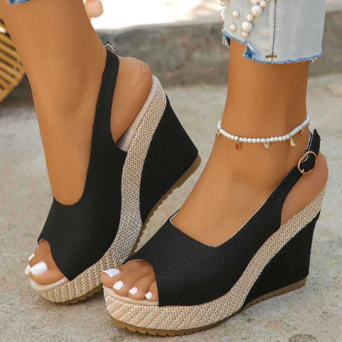 Women's open toe high wedge sandals by Plush Fashion Hub featuring a chic design and comfortable summer heel style.