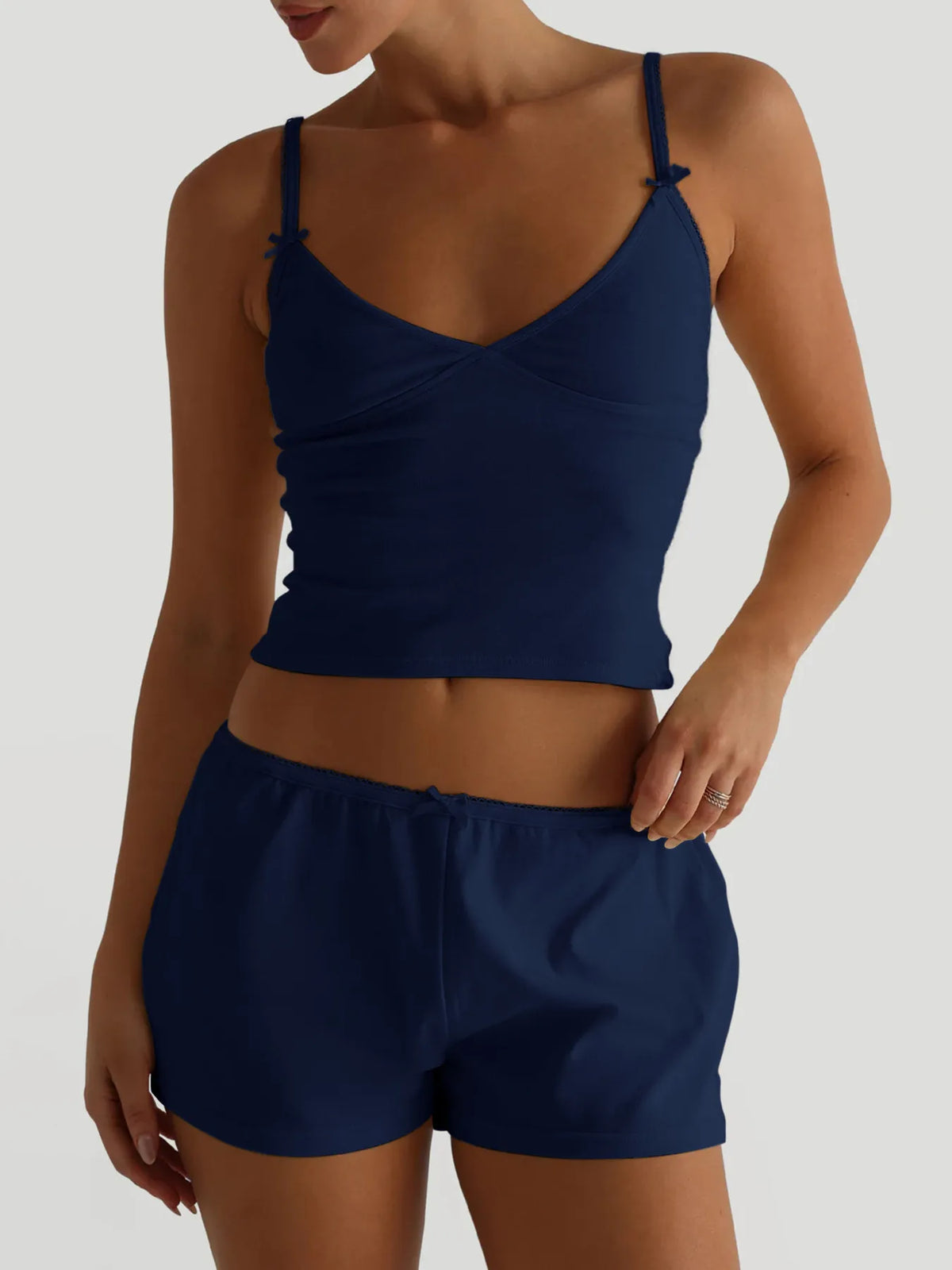 Plush Fashion Hub plush V-neck active cami and matching shorts set, soft and comfortable athletic wear for women.