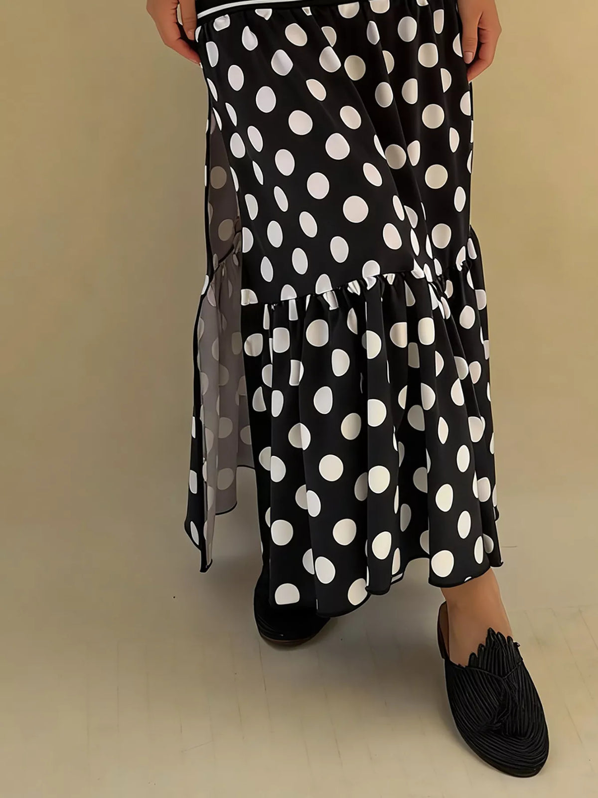 Flowy bohemian women’s polka dot striped slit maxi skirt by Plush Fashion Hub, featuring casual, lightweight, and comfortable flowy fabric.