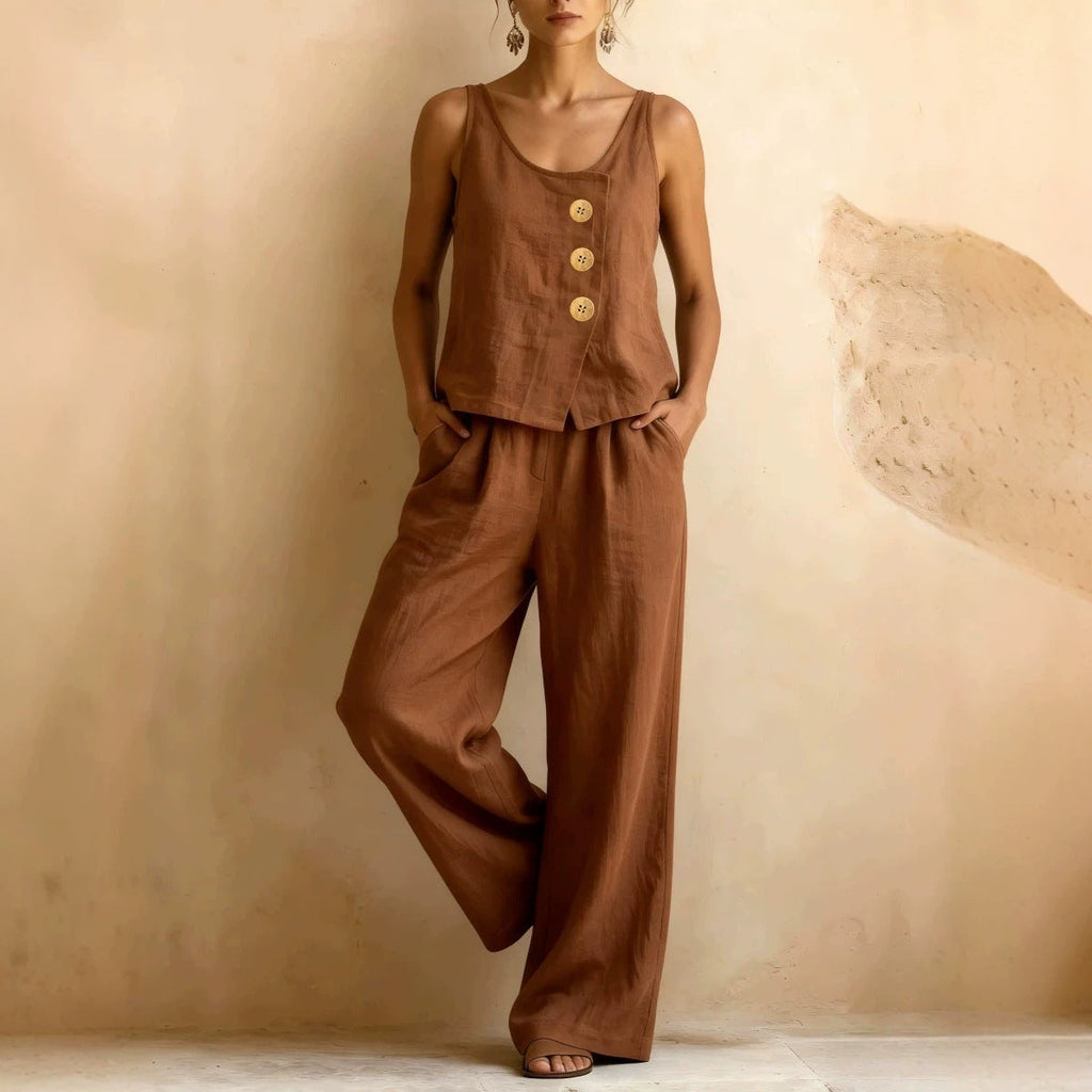 Women's casual sleeveless tank top and pants two-piece set by FitiqueFit, featuring comfortable fabric and relaxed fit.