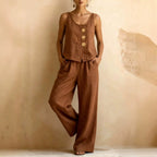Women's casual sleeveless tank top and pants two-piece set by FitiqueFit, featuring comfortable fabric and relaxed fit.