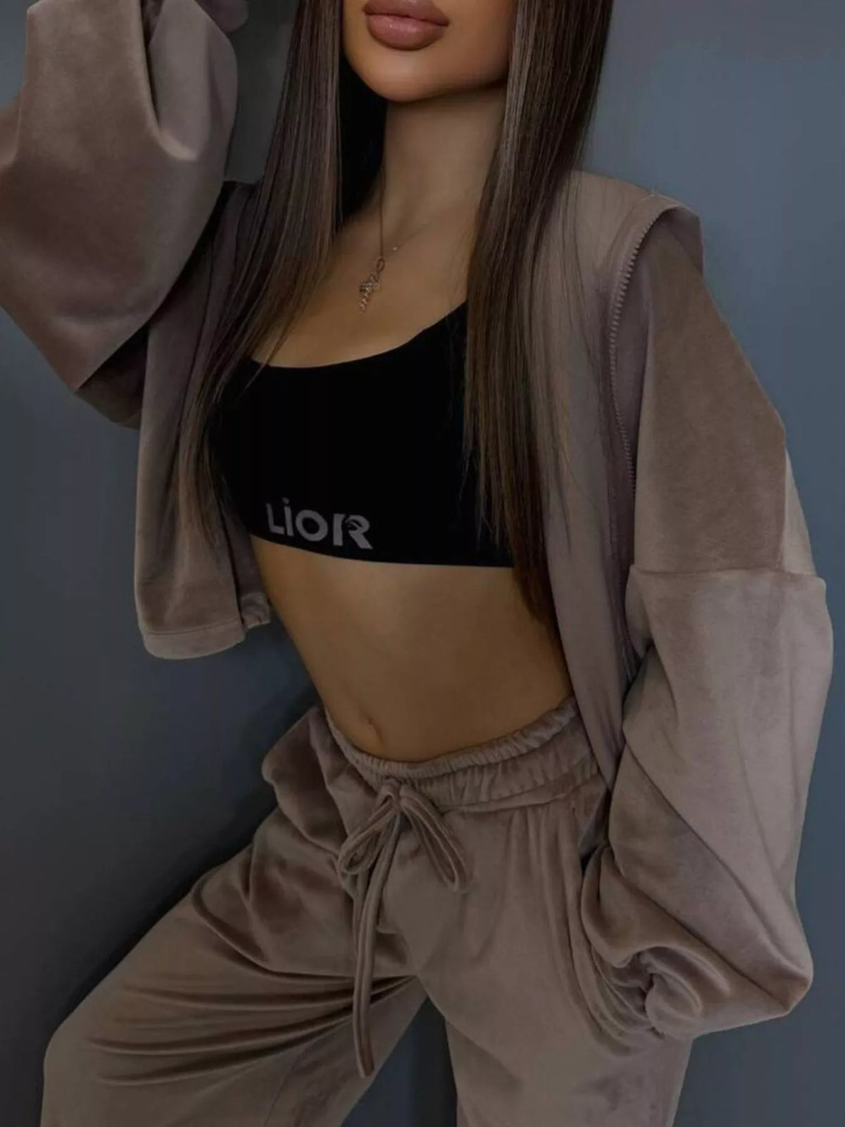 Plush Fashion Hub zip-up cropped outerwear and pants set, featuring a stylish matching jacket and pants in a coordinated design.