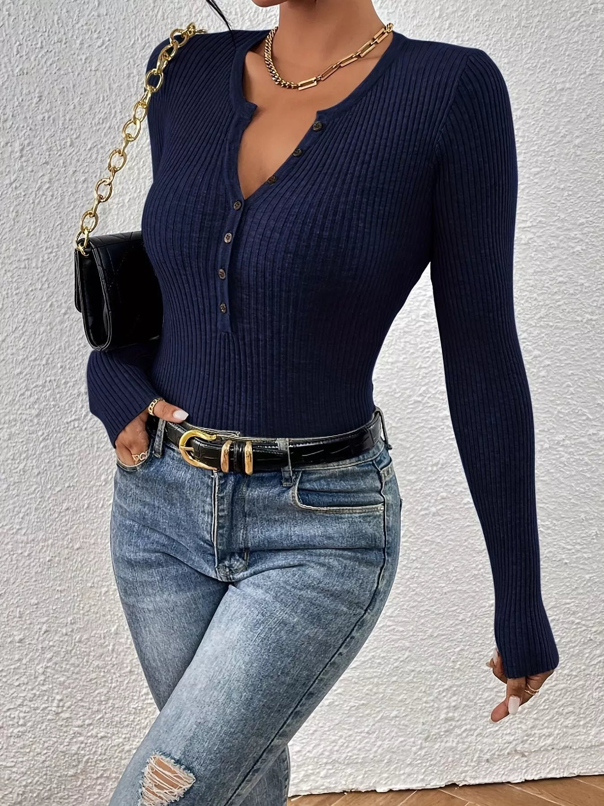 Ribbed knit button-front top from Simply Love, featuring a fitted design and textured knit fabric in a stylish casual look.