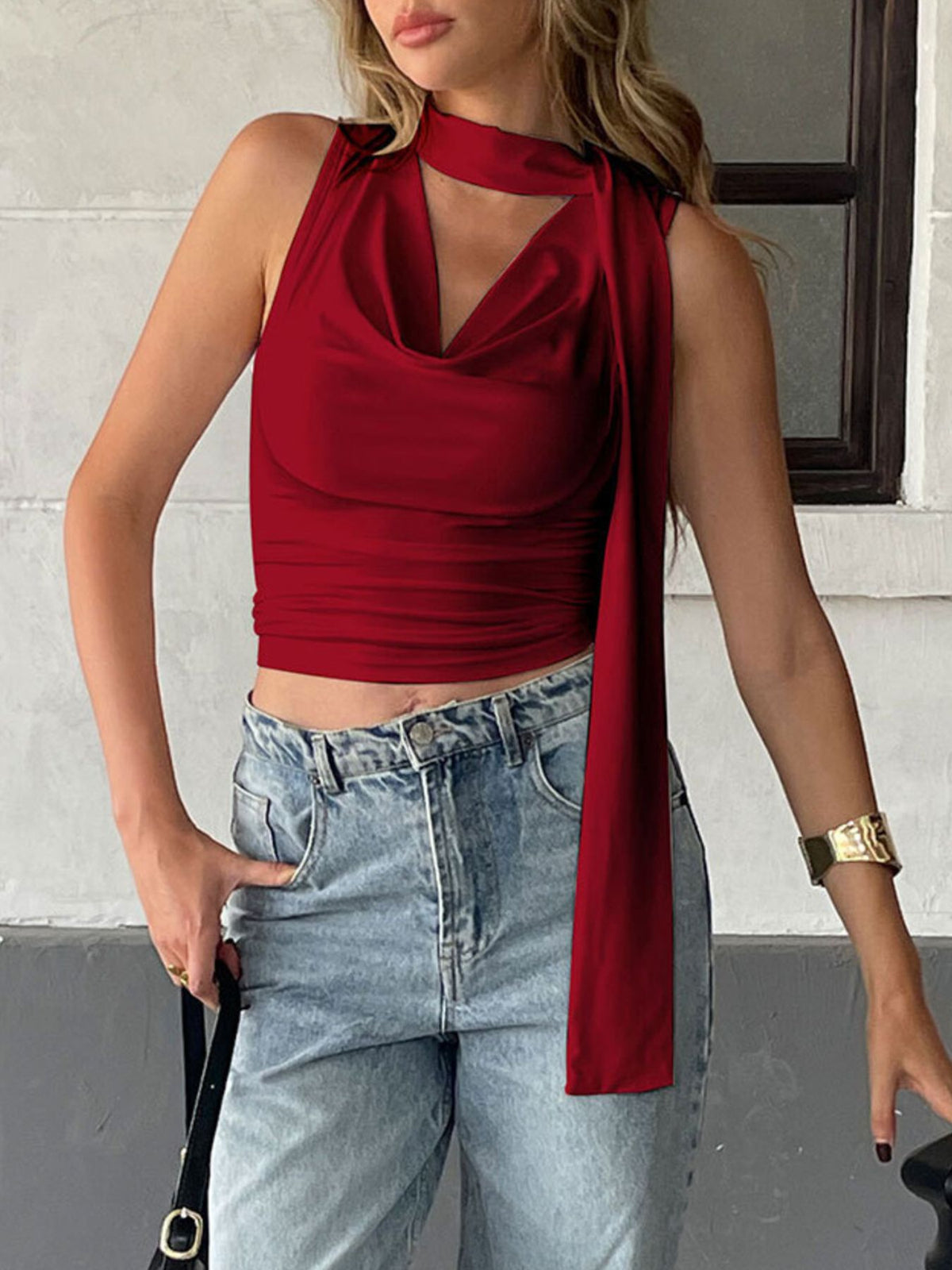 Satin-feel cowl neck sleeveless blouse with ruched details from Plush Fashion Hub, elegant and stylish for versatile wear.