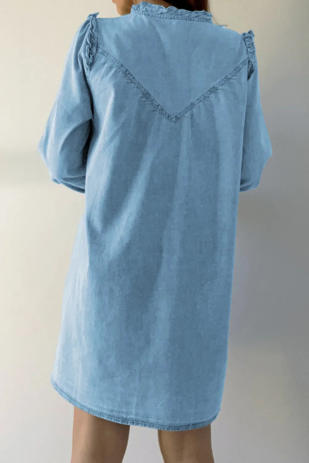 Long sleeve denim dress with button-up front and notched collar by Plush Fashion Hub, casual stylish clothing for women.