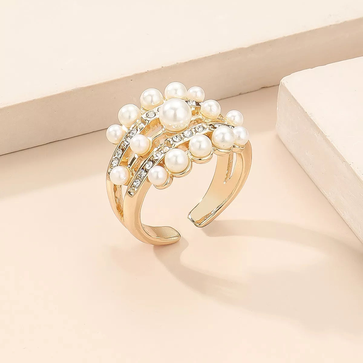18K gold-plated open pearl ring featuring a smooth band and a lustrous pearl accent, stylish jewelry by Plush Fashion Hub