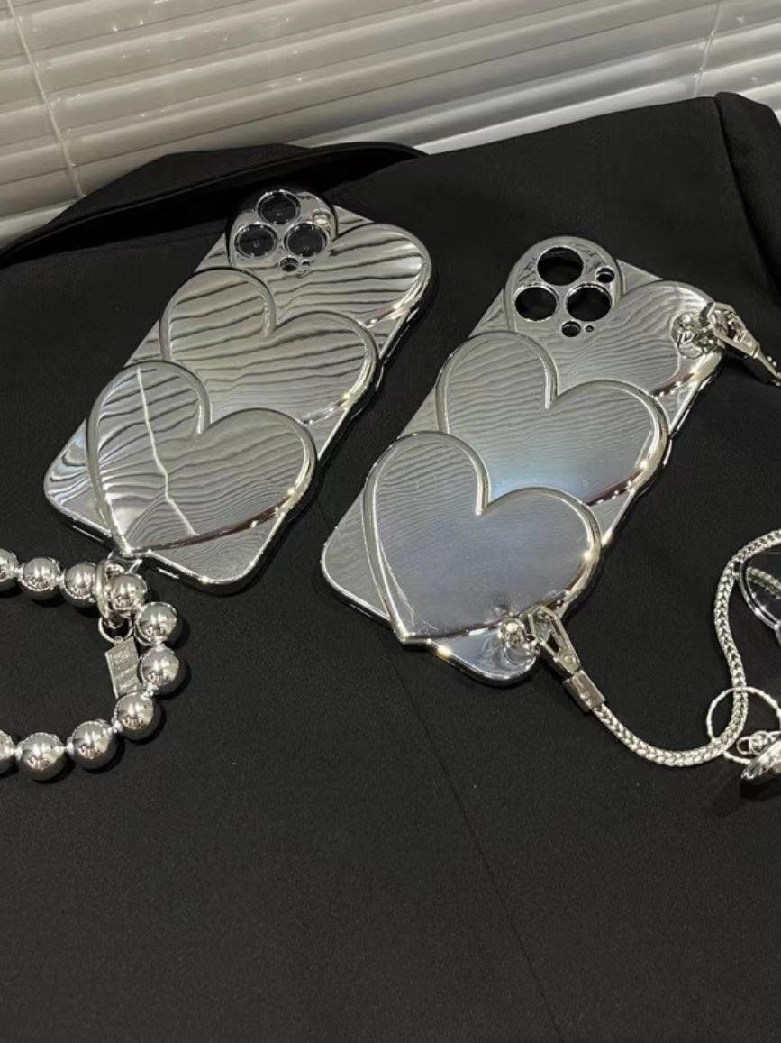 Bright Silver Heart Mirror Hand Chain Phone Case Plush Fashion Hub