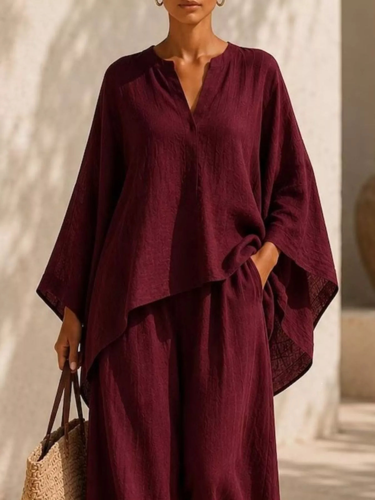 Plus size full notched long sleeve top and wide-leg pants loungewear set by Plush Fashion Hub, featuring comfortable relaxed fit.
