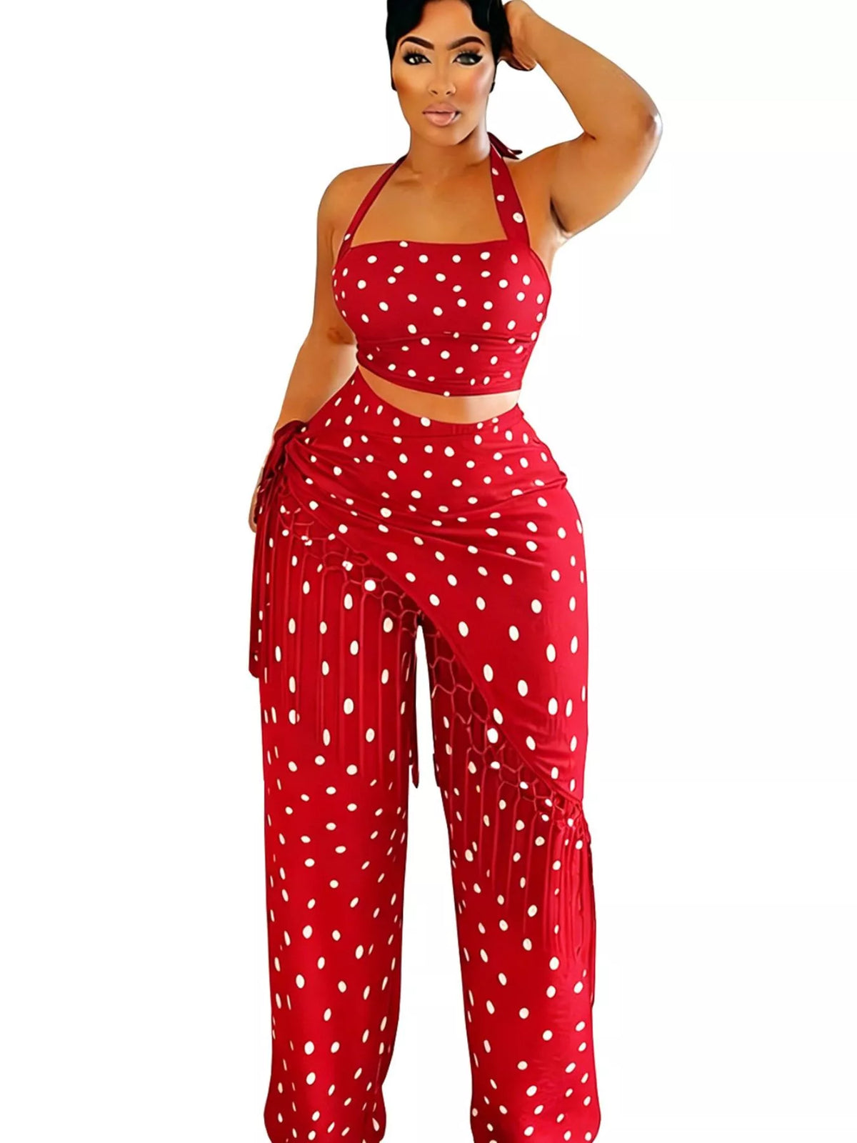 Polka dot halter neck cami and fringe trim pants set by Plush Fashion Hub, featuring rings on the fabric with stylish design.