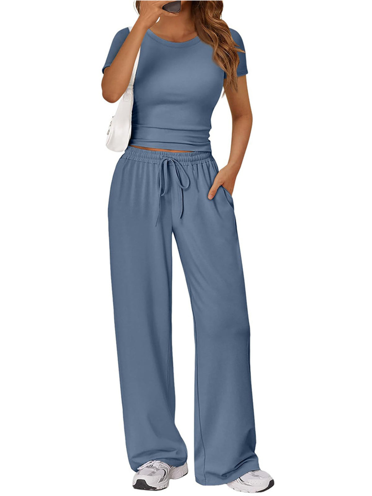 Women’s round neck short sleeve T-shirt and drawstring lounge set from Plush Fashion Hub, comfortable 2-piece casual outfit.