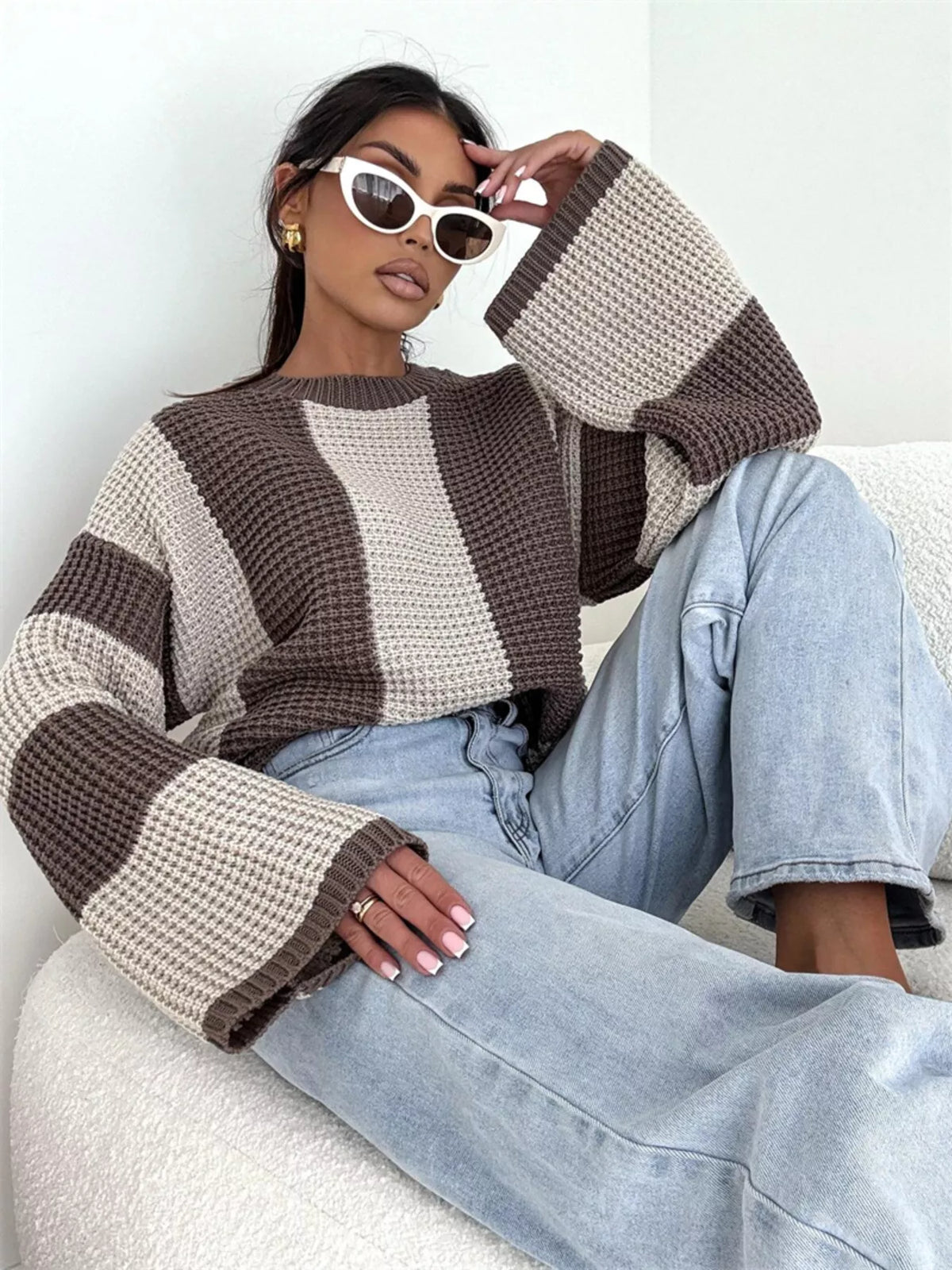 Color block long sleeve sweater by Trendsi featuring a stylish, multicolor design and comfortable fit.