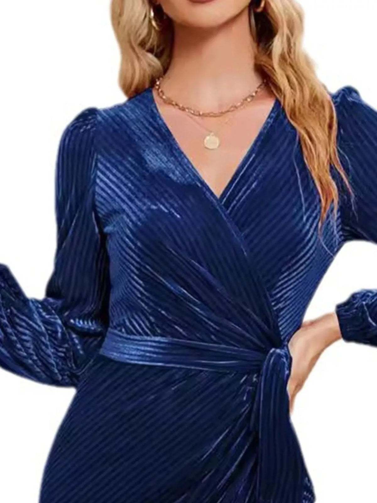 Simply Love surplice long sleeve tie waist dress shown on a model, featuring a stylish V-neck and elegant long sleeves.