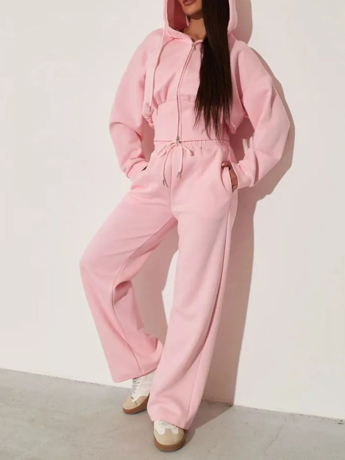 Plush Fashion Hub zip-up hoodie and wide-leg pants loungewear set, soft fabric, casual style, relaxed fit, comfortable for lounging.