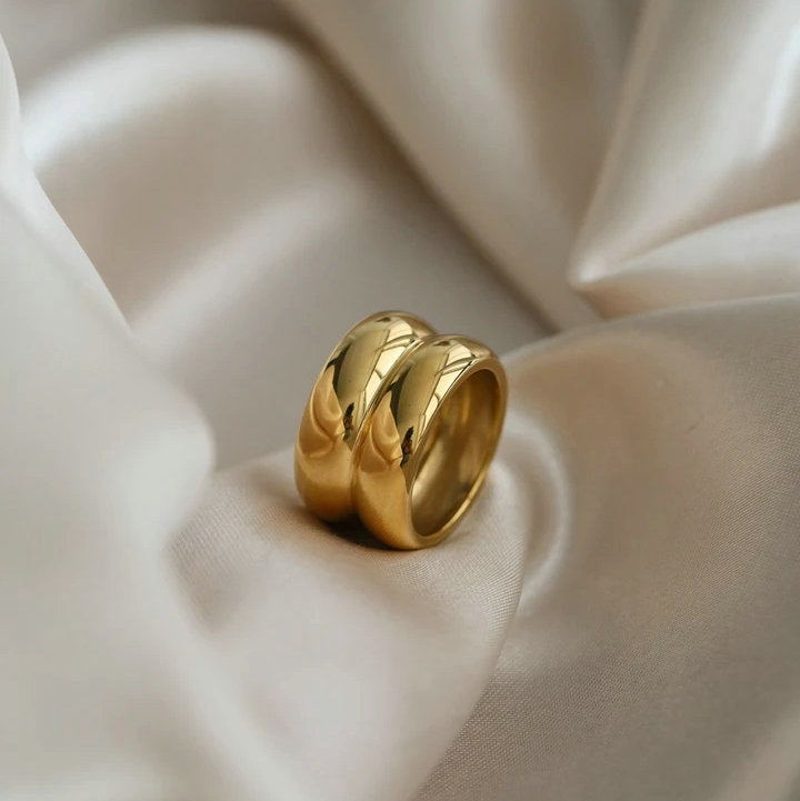 Gold double ridge ring from Plush Fashion Hub, close-up of sleek, shiny band with double ridge design.