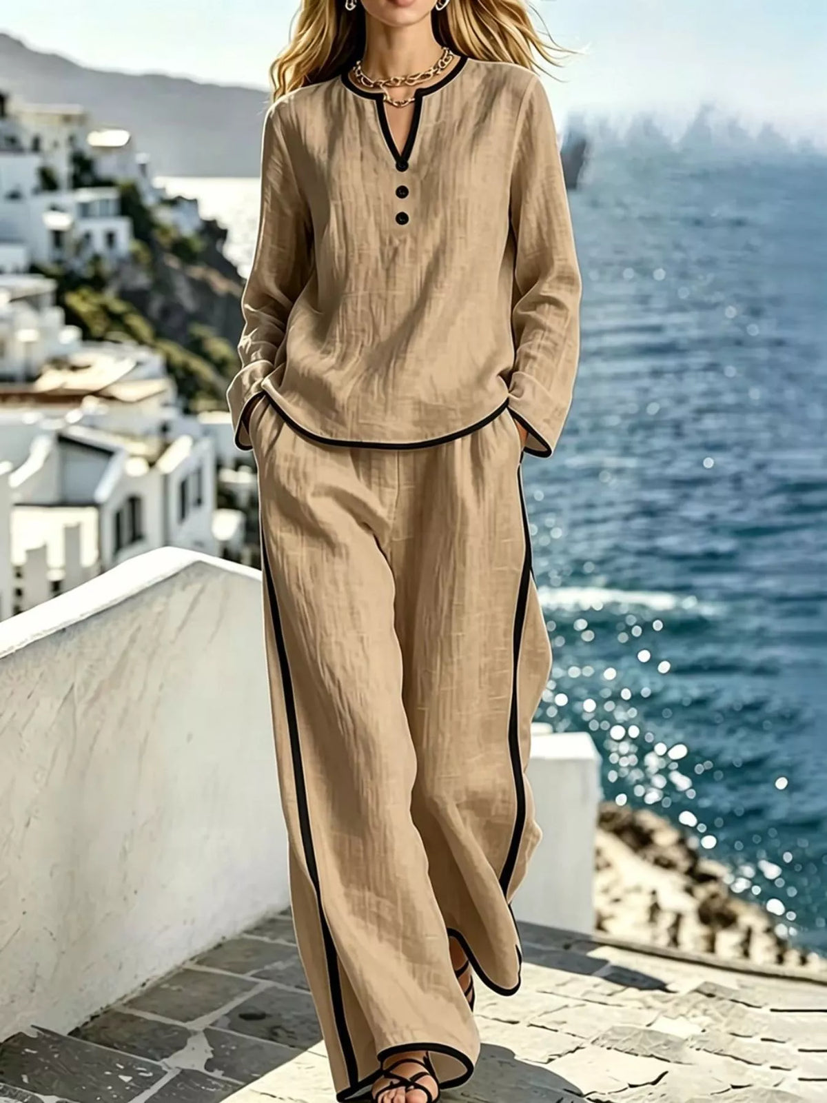 Contrast trim long sleeve top and pants set by Trendsi, featuring a coordinated casual outfit with stylish details.