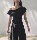 Linen off-shoulder asymmetric casual set by FitiqueFit in two colors, featuring relaxed fit and stylish design, size S-L.