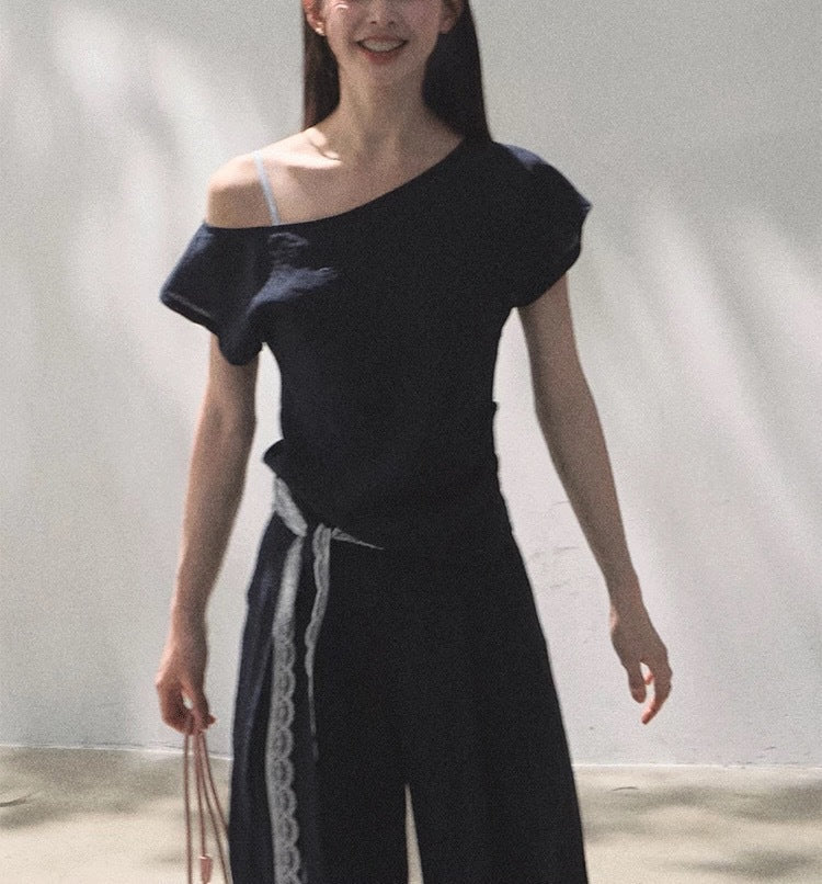 Linen off-shoulder asymmetric casual set by FitiqueFit in two colors, featuring relaxed fit and stylish design, size S-L.