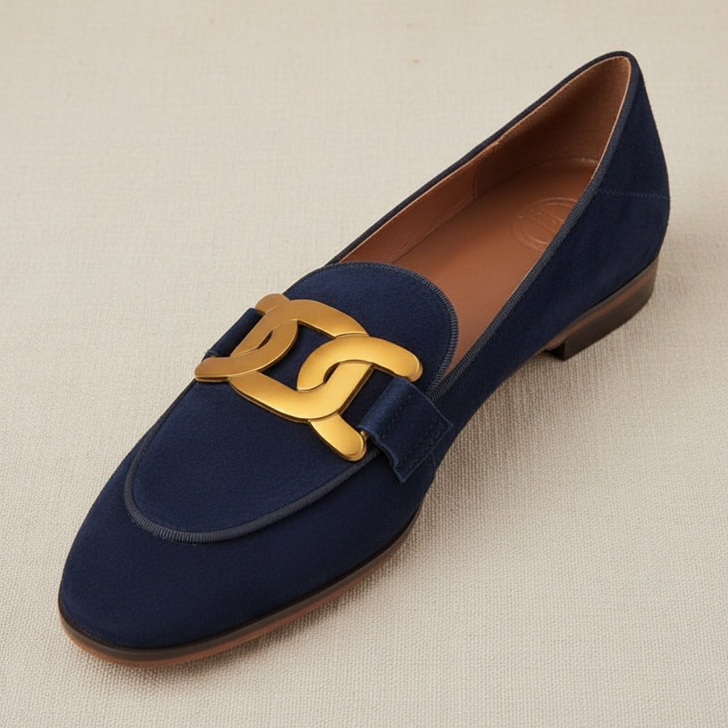 Women's retro suede loafers with metal buckle, chunky platform heel, slip-on footwear from Plush Fashion Hub.