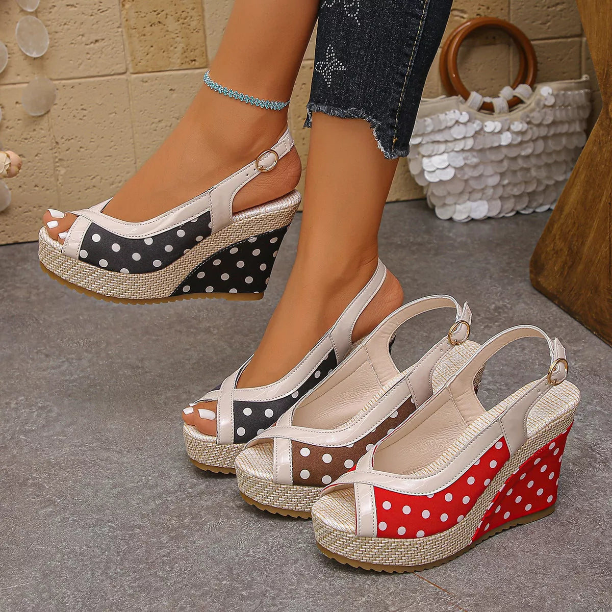 Polka dot peep toe wedge sandals by Trendsi, stylish footwear with a fun polka dot pattern and open toe design.
