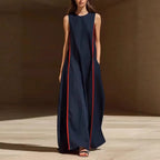 Women's linen sleeveless striped maxi dress by FitiqueFit, casualwear, featuring a loose fit and lightweight fabric.