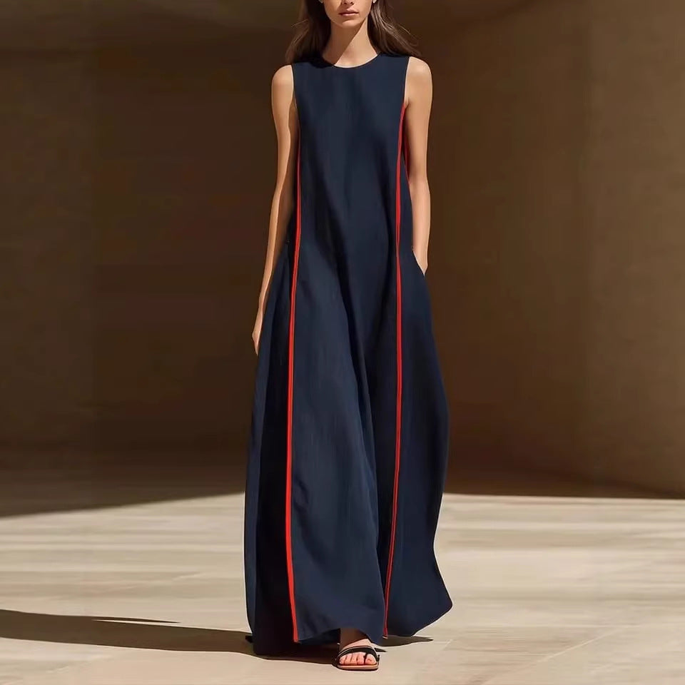 Women's linen sleeveless striped maxi dress by FitiqueFit, casualwear, featuring a loose fit and lightweight fabric.