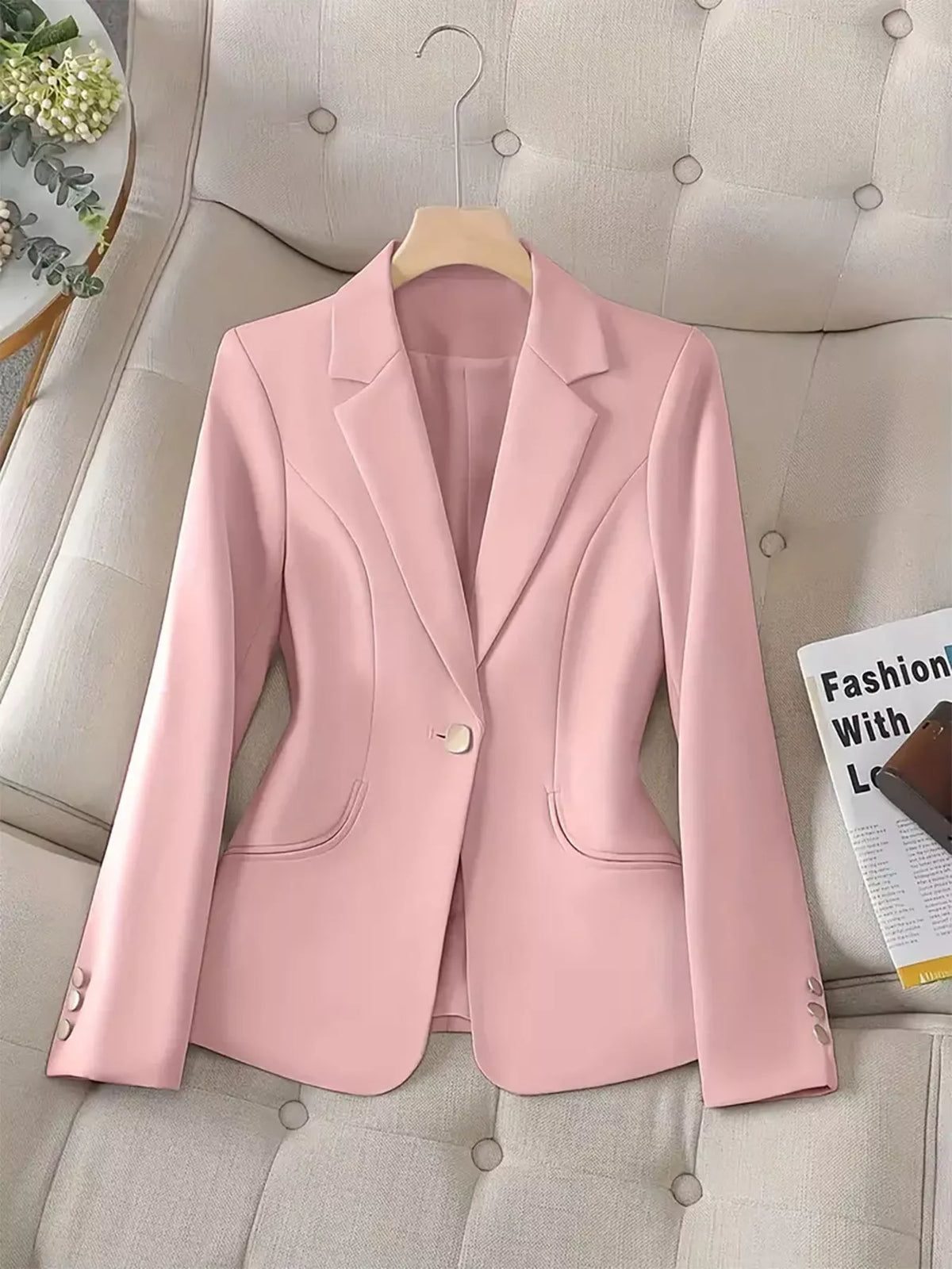 Slim-fit single-button blazer by Trendsi, featuring a tailored design, notch lapel, and classic silhouette in a versatile color.