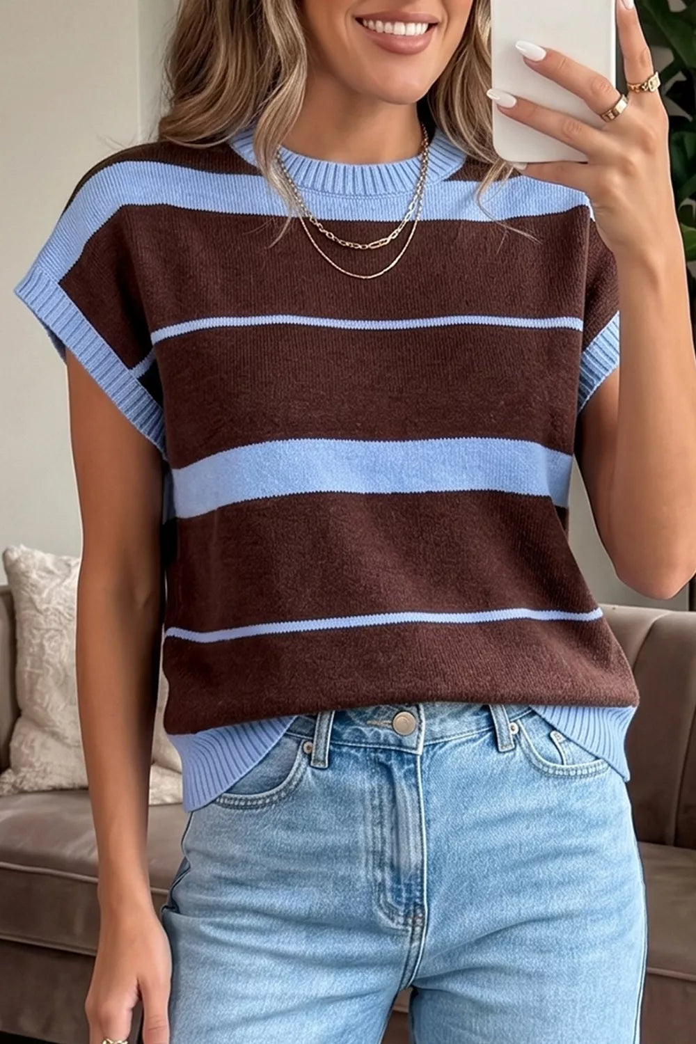 Striped short sleeve round neck casual knit top by Plush Fashion Hub, featuring a comfortable fit and stylish design.