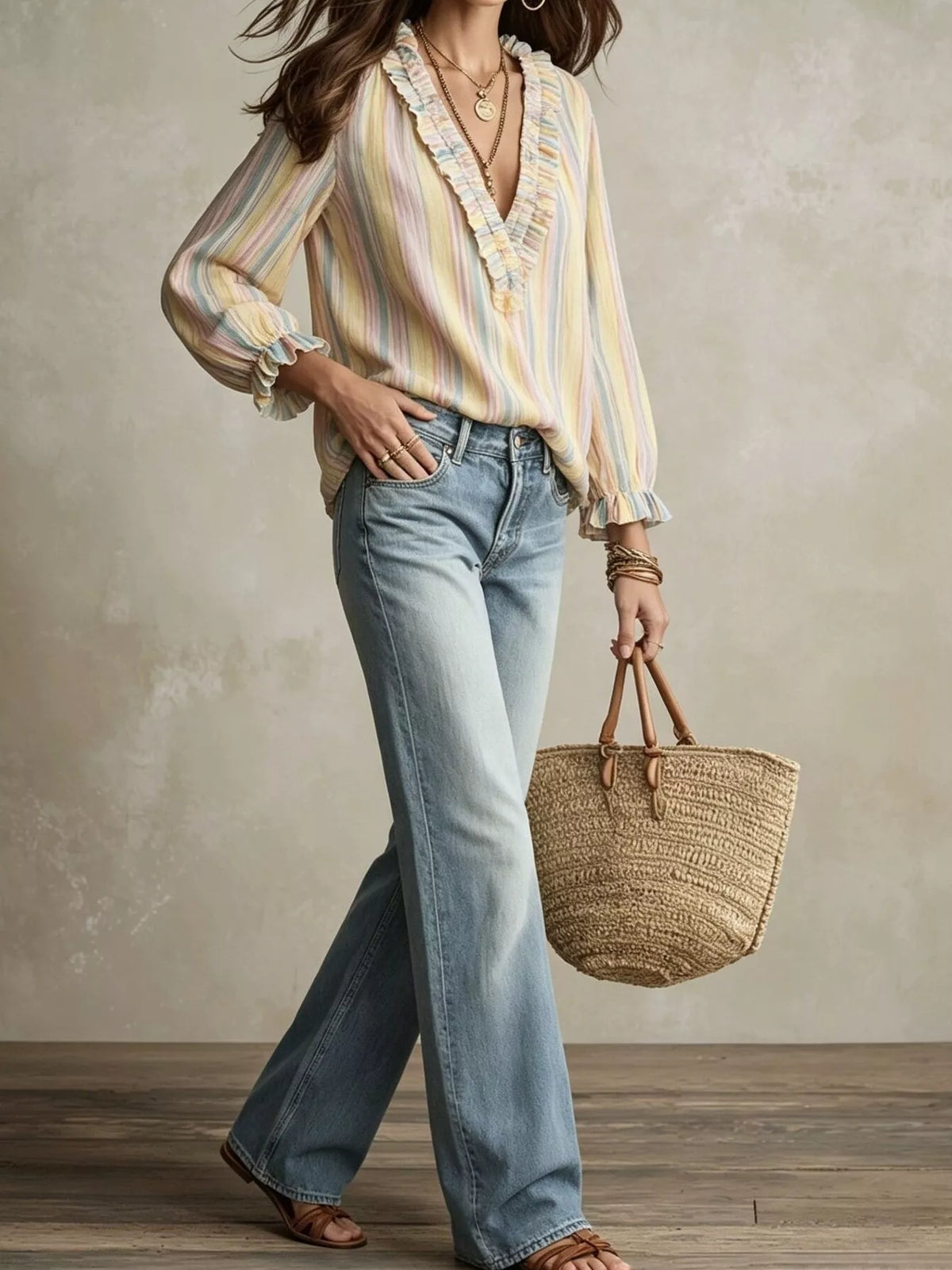Striped ruffle-trim V-neck blouse by Trendsi featuring a stylish design with ruffled accents and a flattering V-neckline.