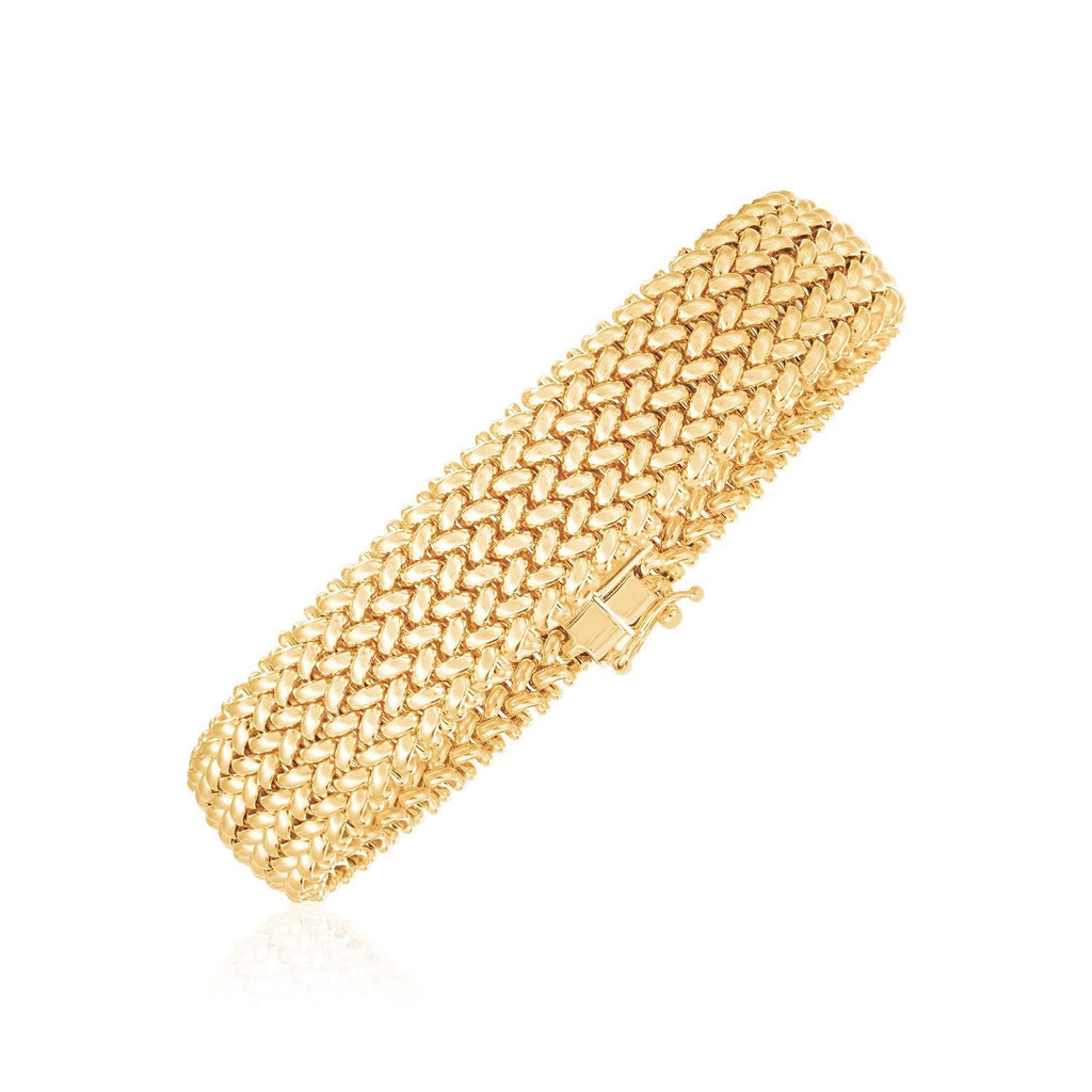 14k yellow gold high polish thick braided bracelet with a 14.5mm width, showcasing intricate gold braid design.