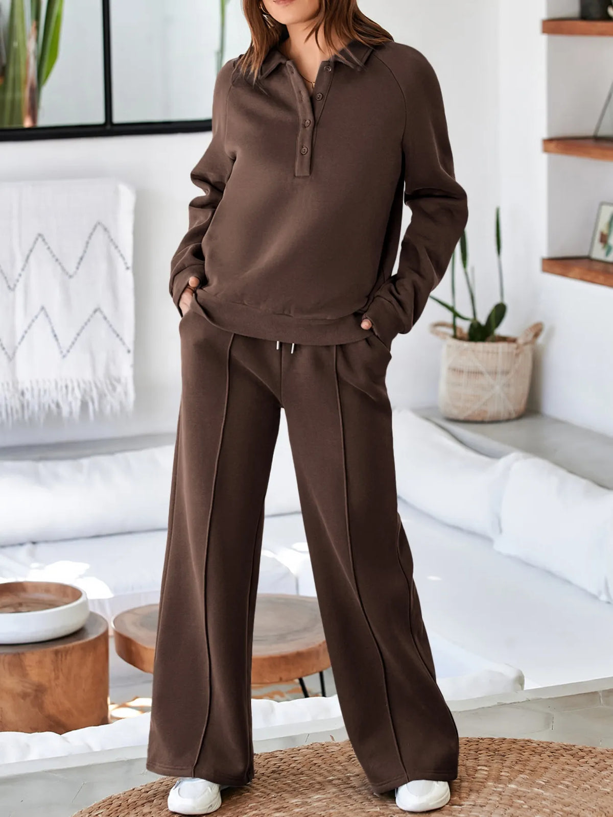 Plush Fashion Hub activewear set with a collared sweatshirt and high waist pants, displayed on a neutral background.