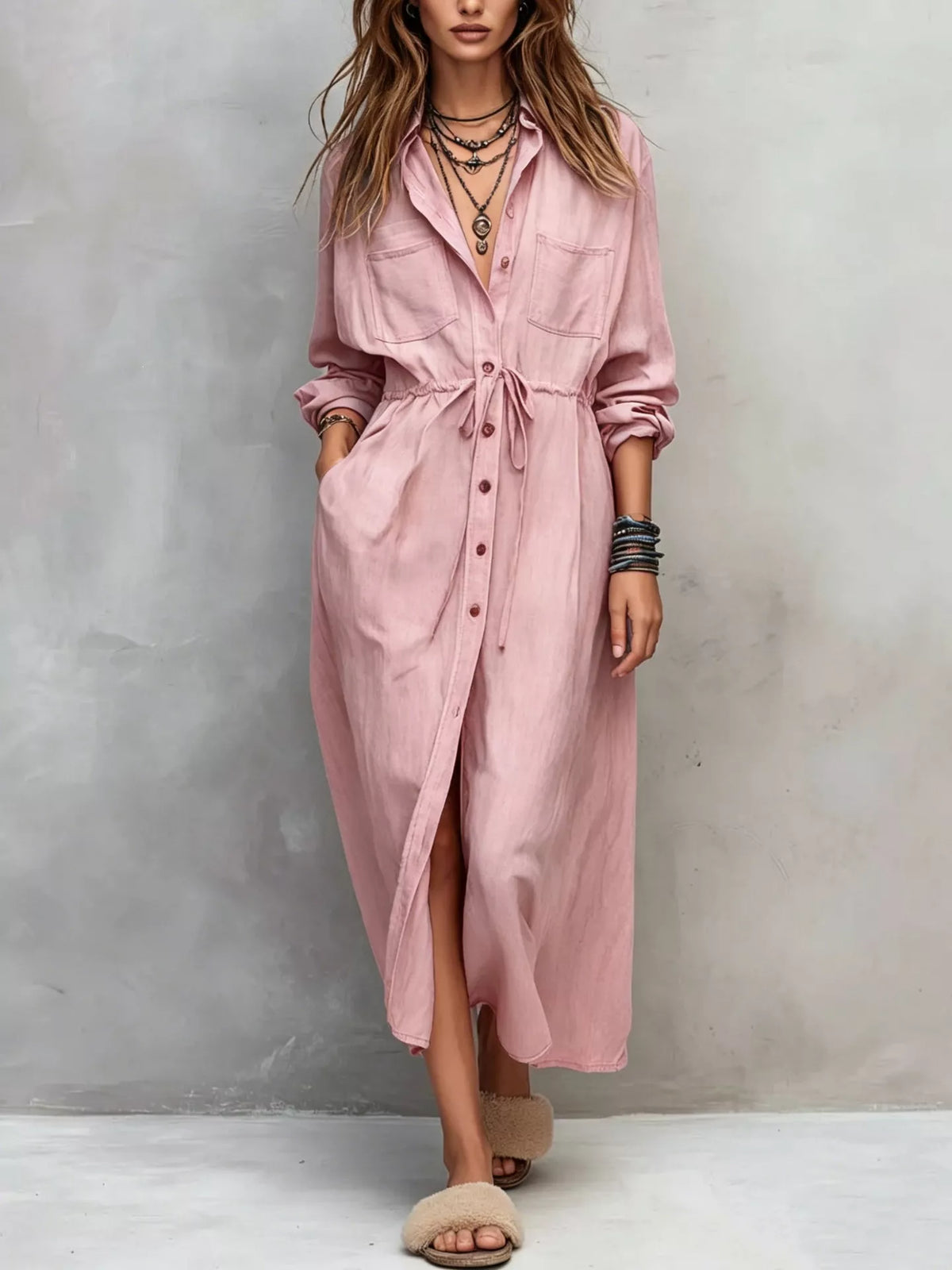 Plus size long sleeve button front shirt dress by Trendsi, featuring a stylish, comfortable design with a collar and front buttons.