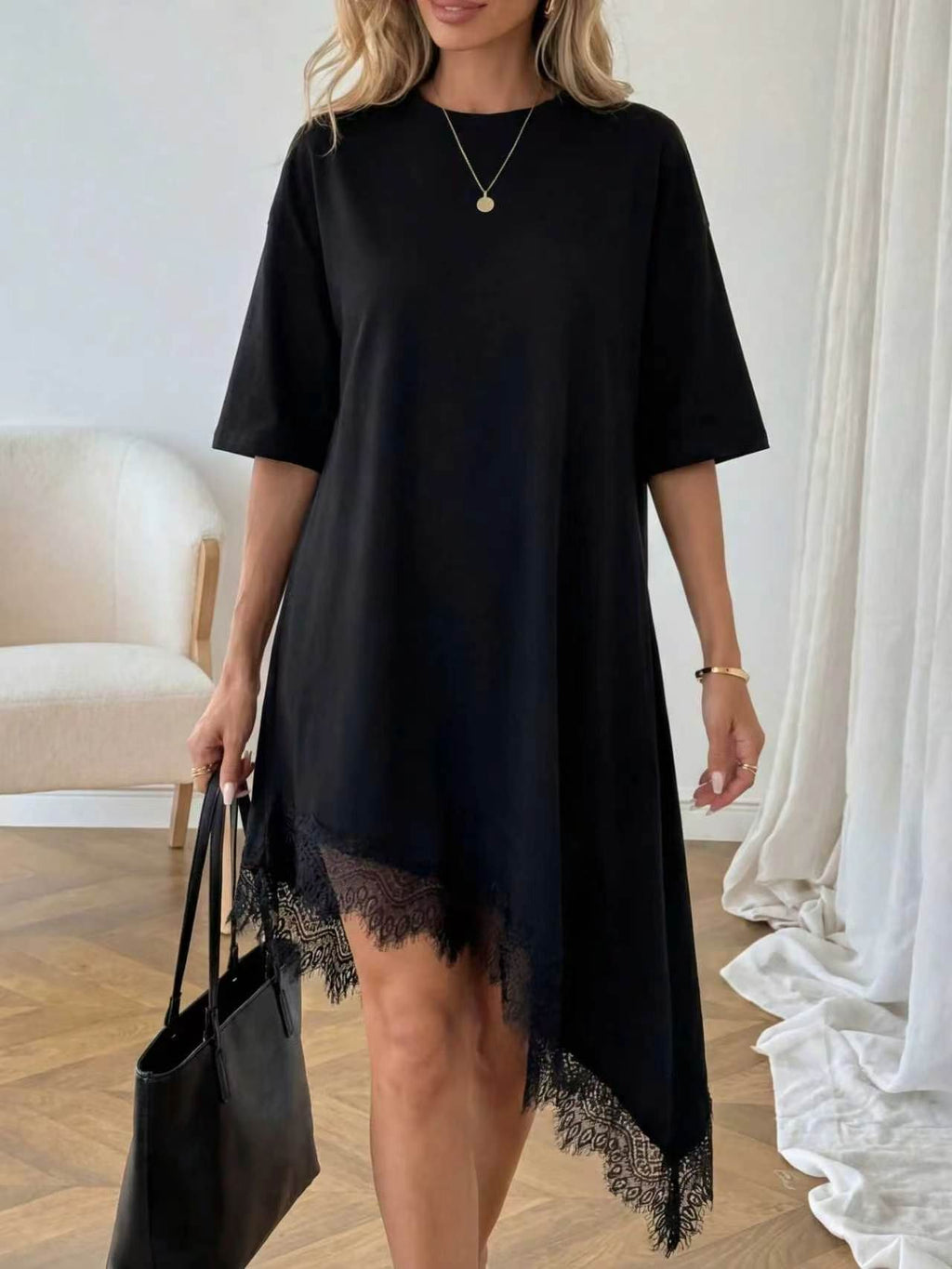 Women's lace trim asymmetric three-quarter sleeve dress by Plush Fashion Hub, featuring elegant design and stylish silhouette.