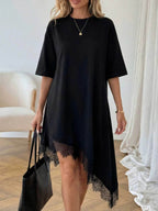 Women's lace trim asymmetric three-quarter sleeve dress by Plush Fashion Hub, featuring elegant design and stylish silhouette.