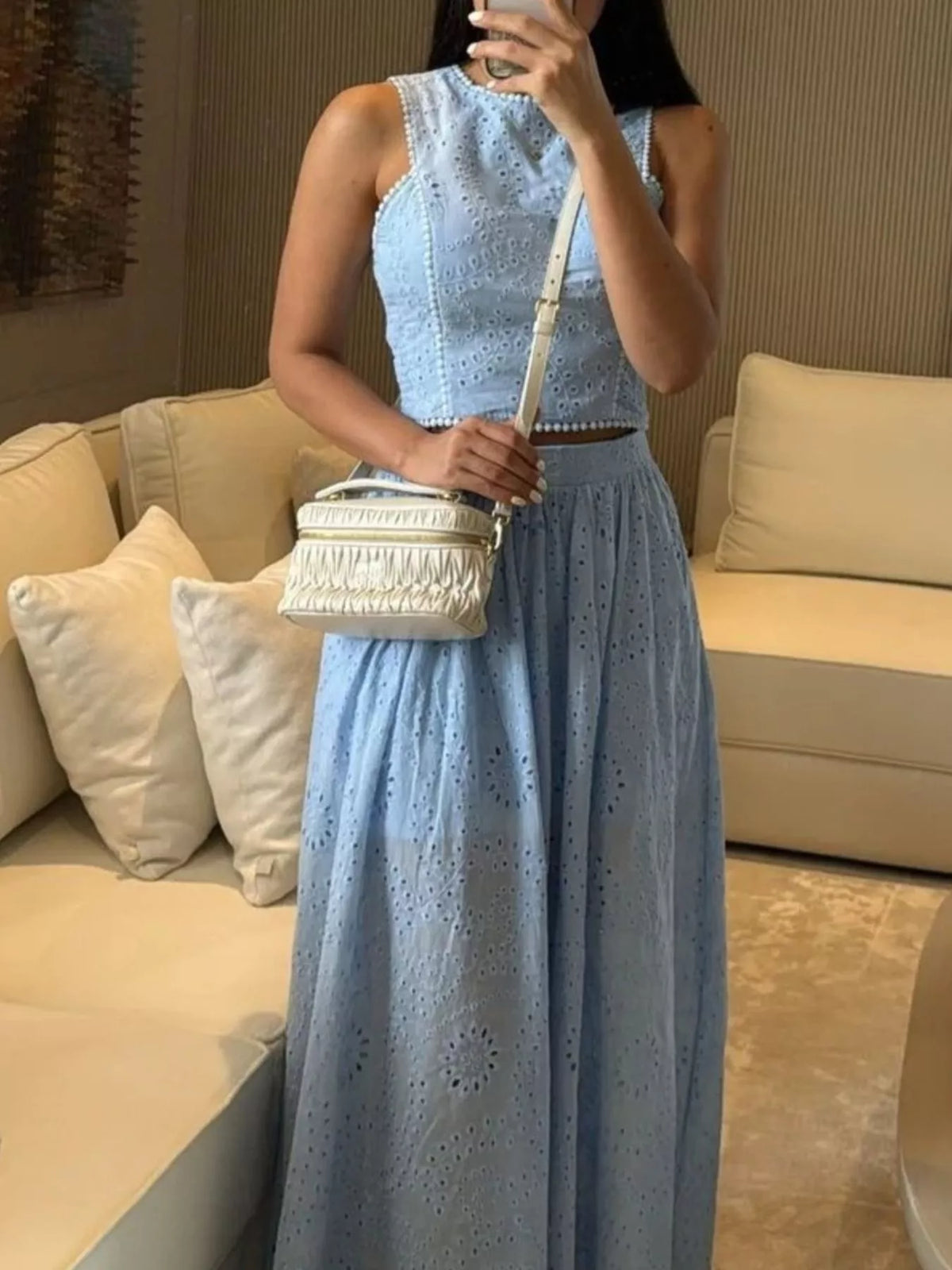 Plush Fashion Hub eyelet crop top and maxi skirt set, stylish tops with eyelet detailing, perfect for summer outings.