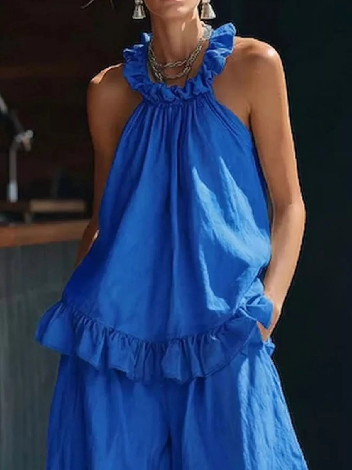 Plus size plush fashion hub ruffled halter neck top and wide-leg pants matching set, stylish and comfortable for everyday wear.